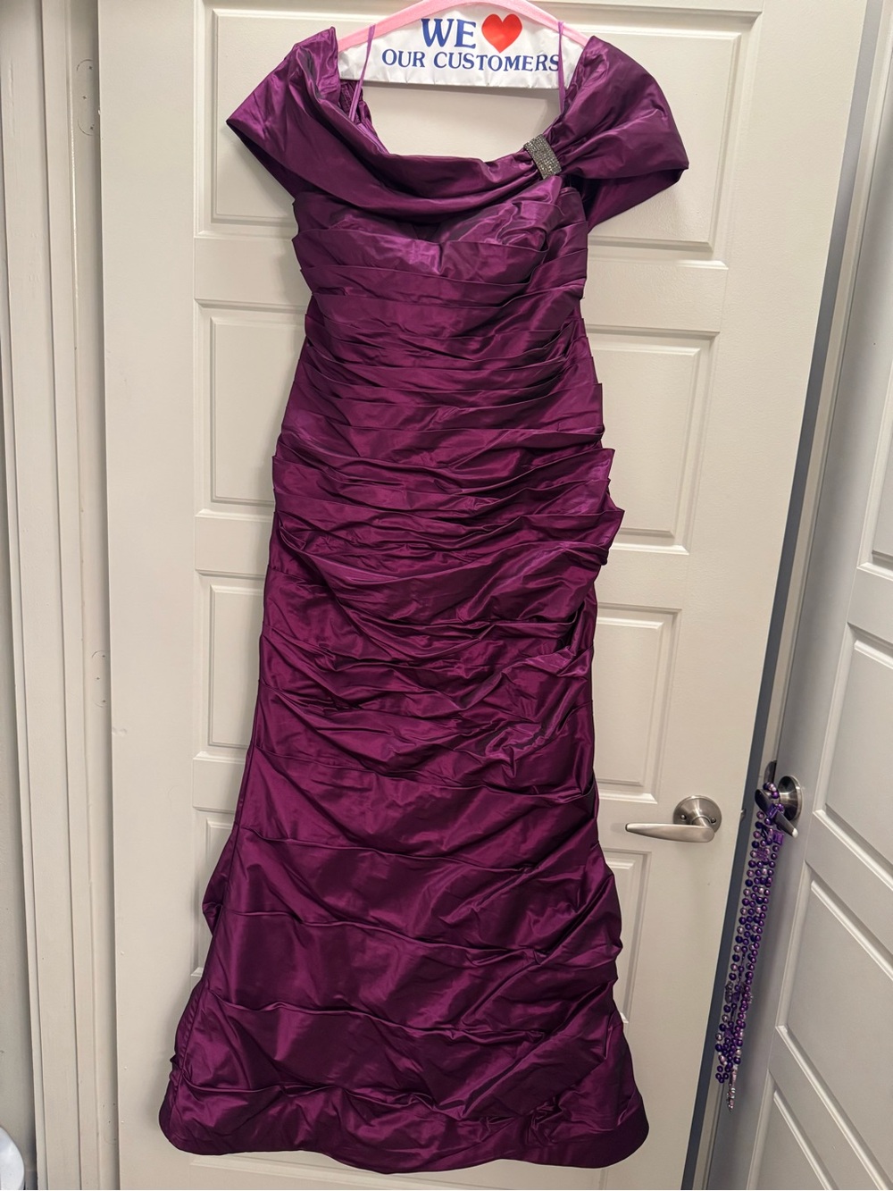Teri Jon Deep Plum Off-Shoulder Ruched Evening Dress